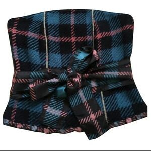 Manoush Plaid Corset Strapless‎ Top Size 40 US S Blue Wool Tweed Satin Tie Waist